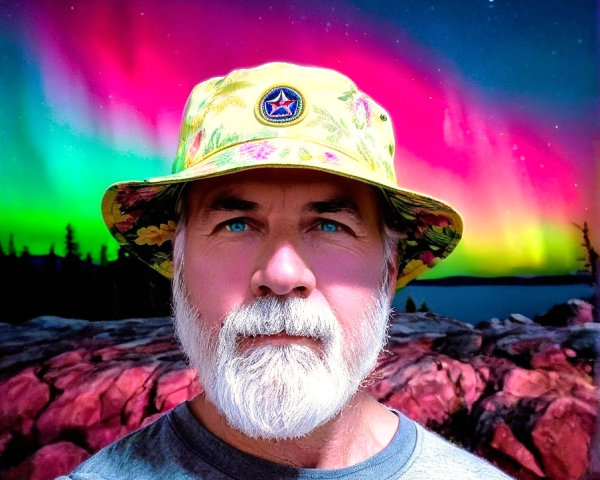 Man with Gray Beard in Floral Hat Against Northern Lights