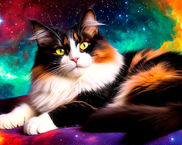 Calico Cat Against Colorful Cosmic Background