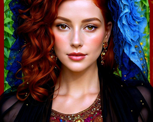 Portrait of a woman with red hair and floral headpiece