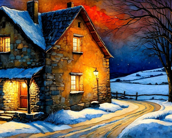 Cozy Stone Cottage in Snowy Winter Landscape