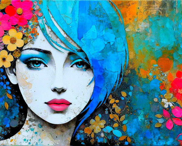 Stylized Woman with Blue Hair Surrounded by Flowers