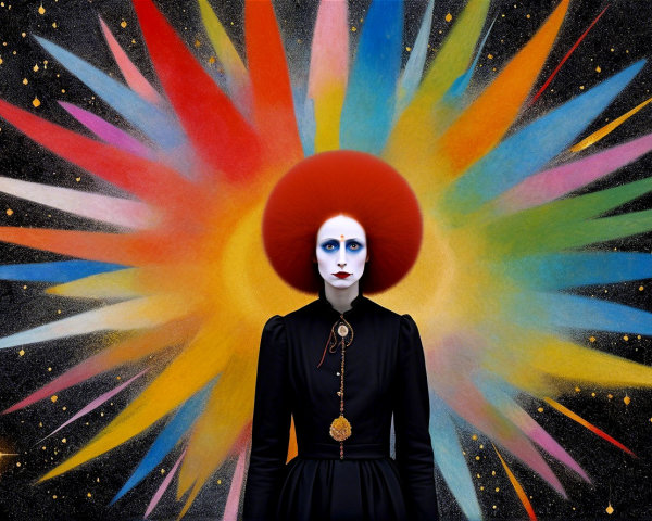 Vibrant Painting of Woman in Black Gown with Sunburst