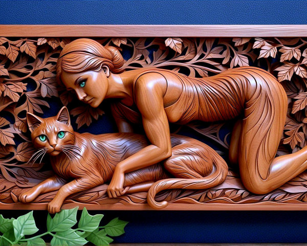 Wooden Relief of Woman and Cat with Intricate Details