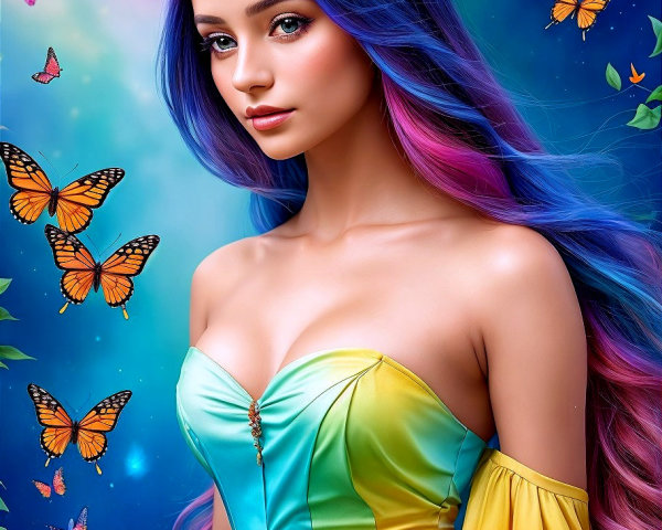 Young woman in rainbow dress with butterfly motifs