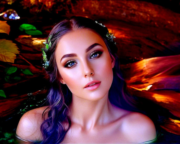 Young Woman in Water Surrounded by Autumn Leaves