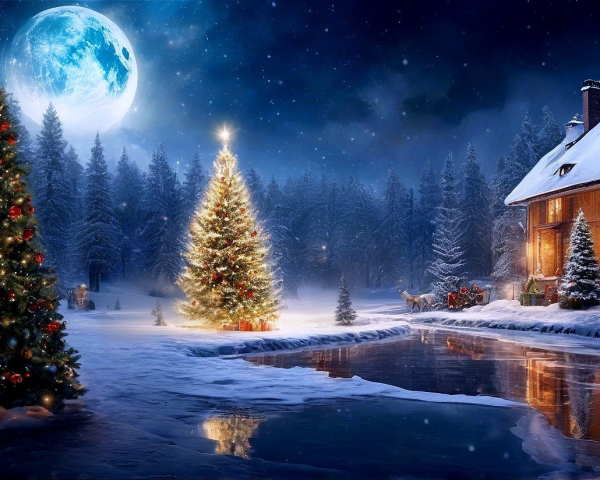 Magical Winter Christmas Landscape with Full Moon