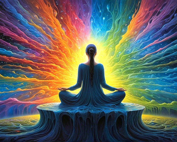 Meditative Figure Surrounded by Vibrant Cosmic Colors
