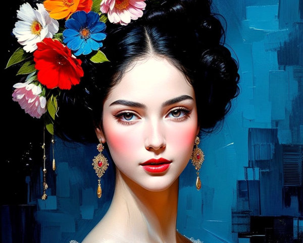 Portrait of a woman with flowers in dark hair