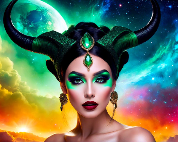 Portrait of a woman with bold makeup and cosmic backdrop