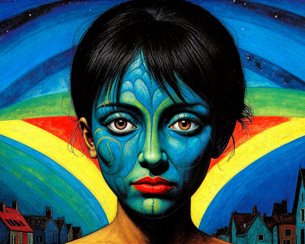 Portrait of a Woman with Blue Face Paint and Colorful Sky