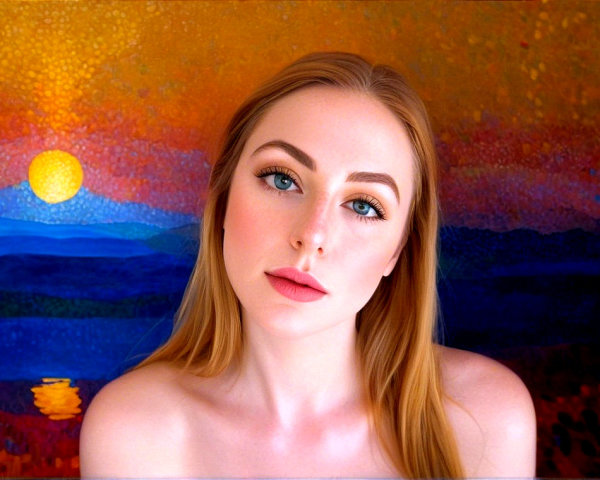 Young woman with blonde hair against colorful sunset backdrop