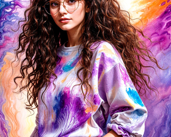Young Woman with Curly Hair Against Abstract Background