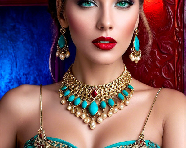 Elegant Portrait of a Woman in Turquoise Dress