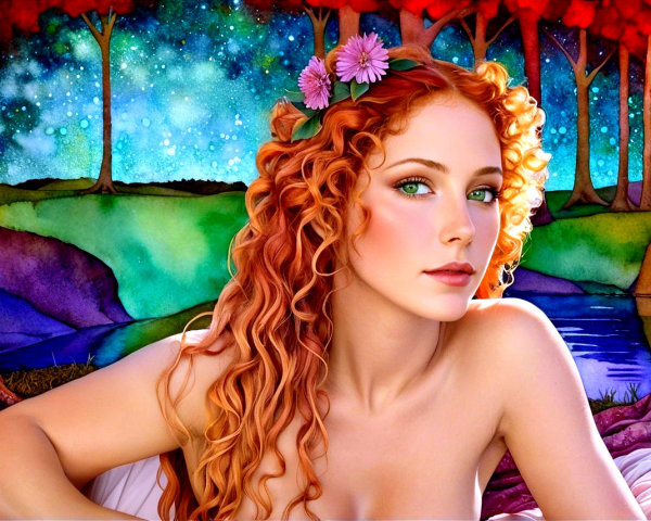 Portrait of a Woman with Red Curls and Serene Setting