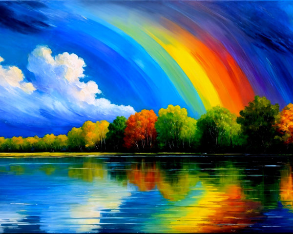 Vibrant Lakeside Landscape with Rainbow and Reflections