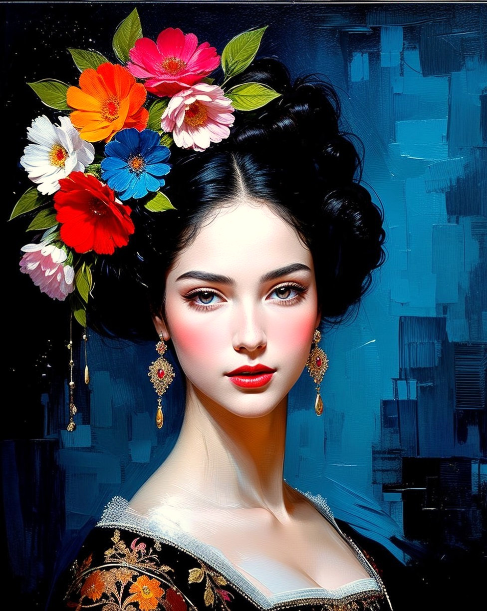 Portrait of a woman with flowers in dark hair