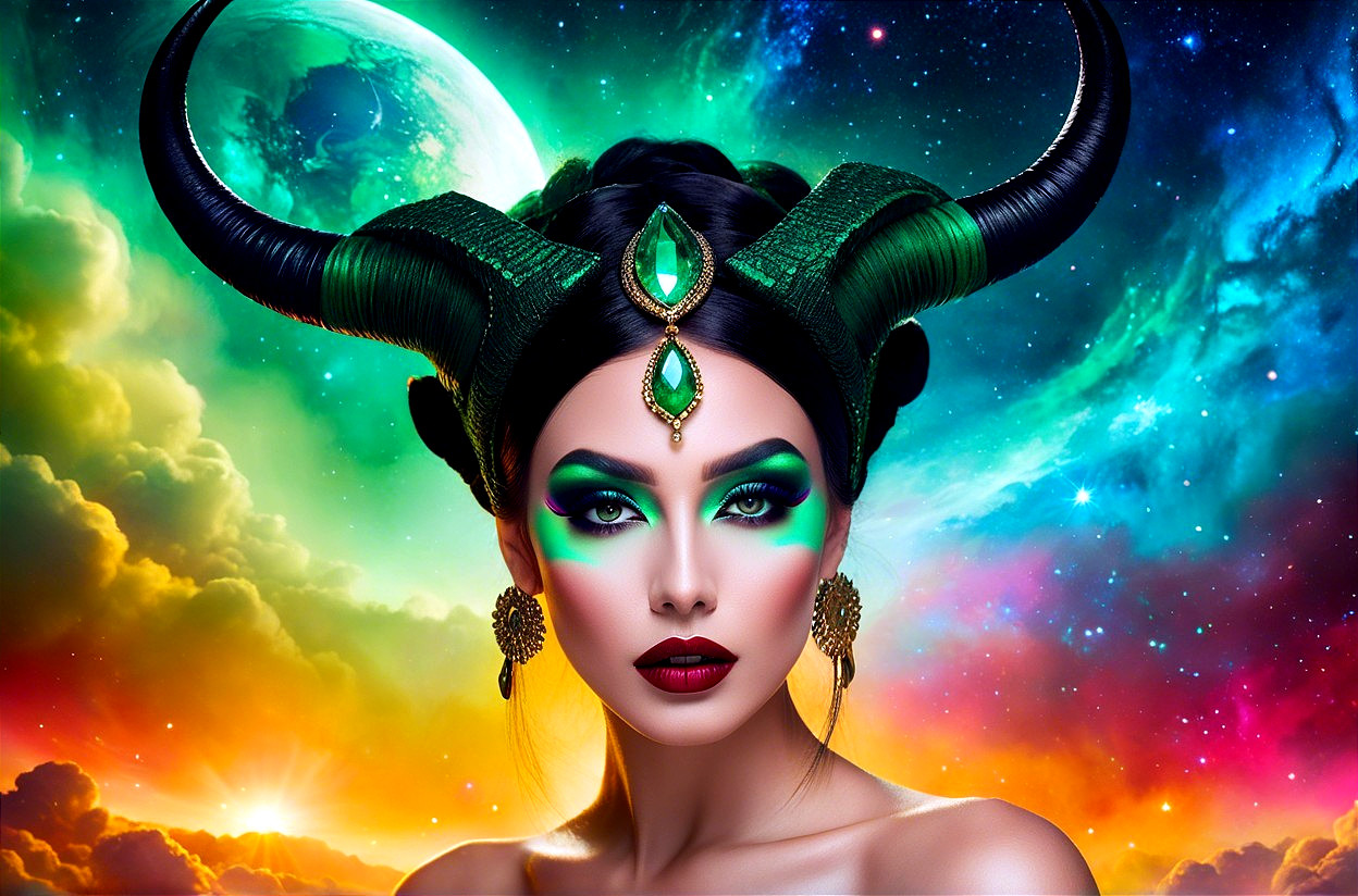 Portrait of a woman with bold makeup and cosmic backdrop