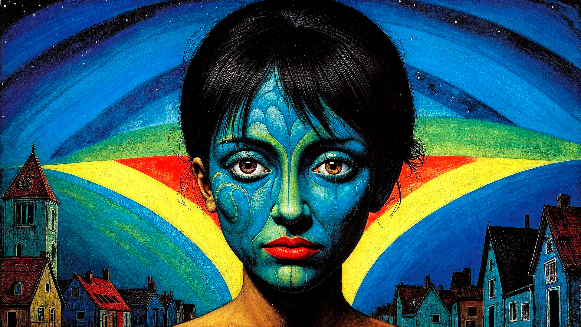 Portrait of a Woman with Blue Face Paint and Colorful Sky