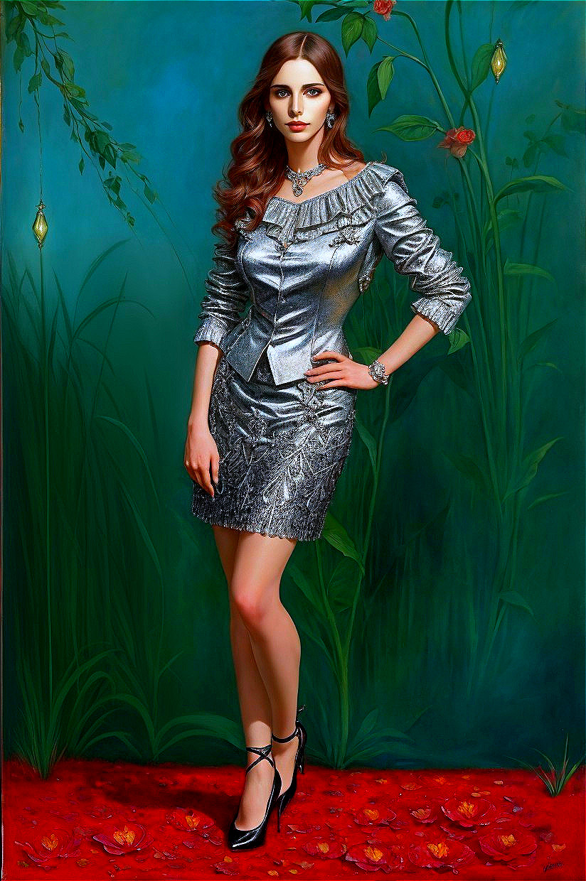 Woman in Silver Dress with Blue and Red Background