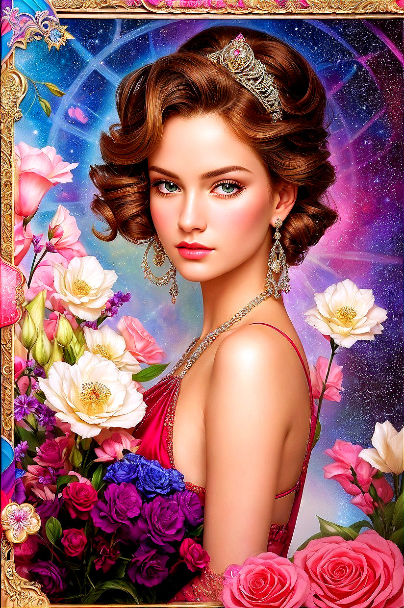 Portrait of a young woman in a red dress with roses