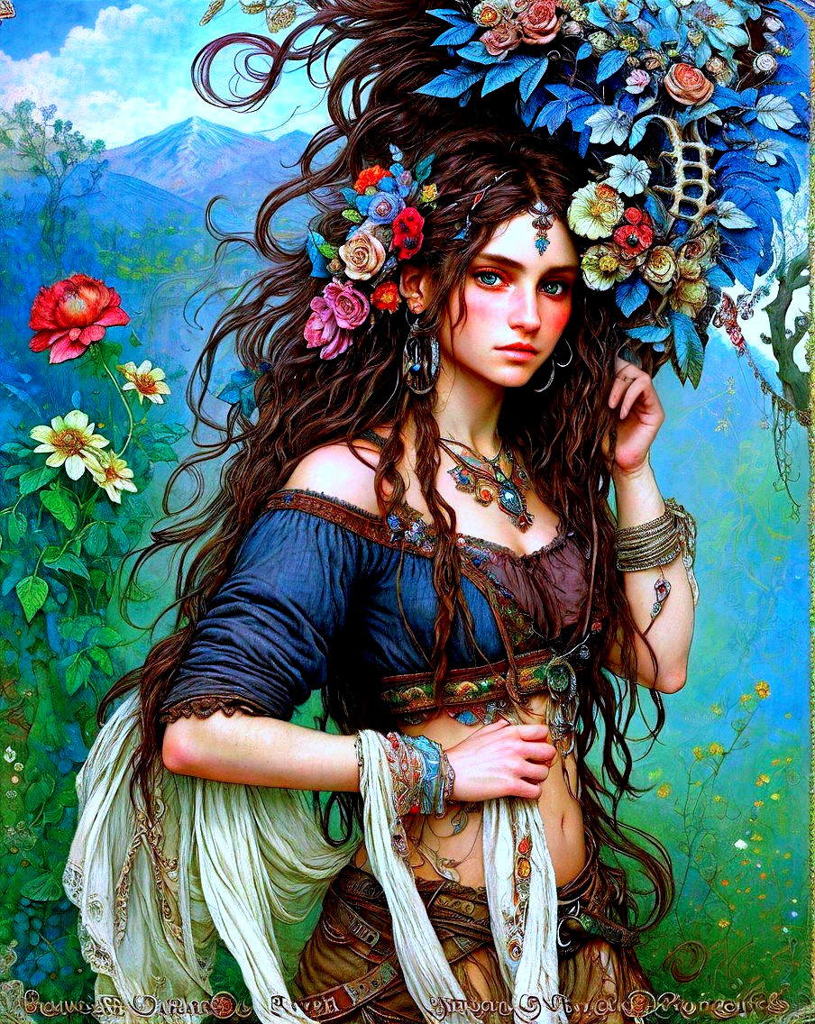 Ethereal Woman in Bohemian Outfit Amidst Nature