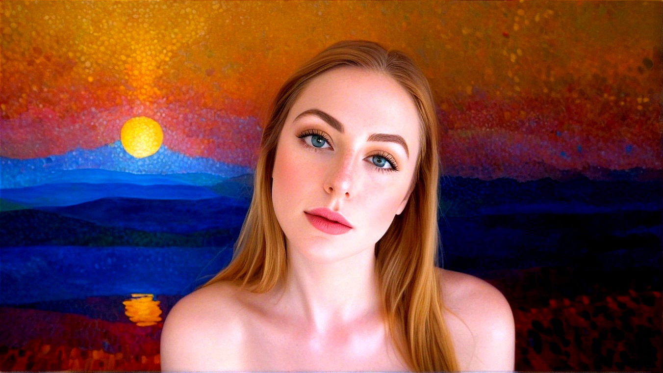 Young woman with blonde hair against colorful sunset backdrop