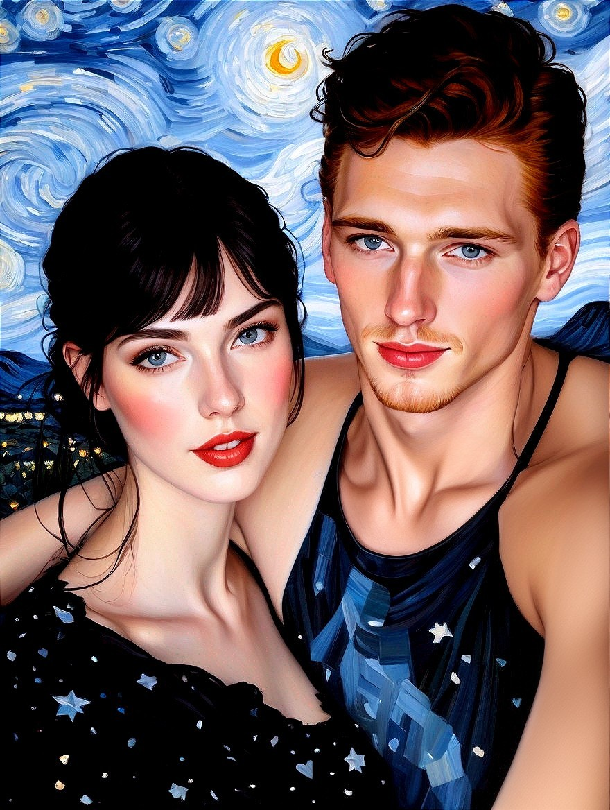 Couple Portrait Against Starry Night Background