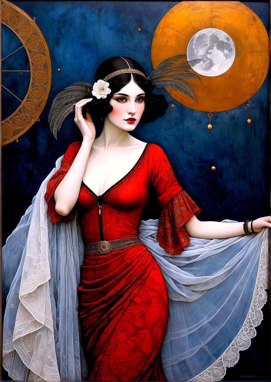 Art Deco Painting of Flapper Woman in Red Gown