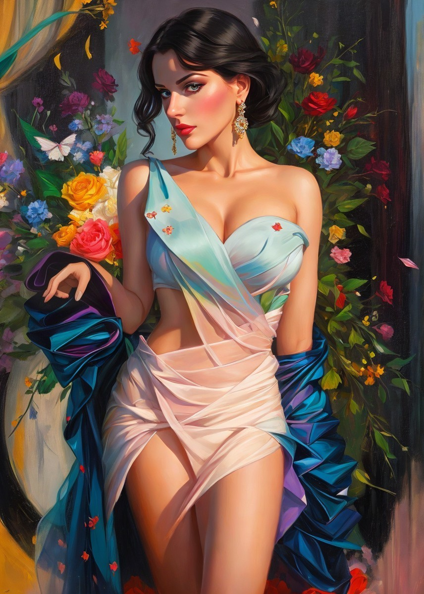 Elegant Woman in Soft-Colored Dress Surrounded by Flowers