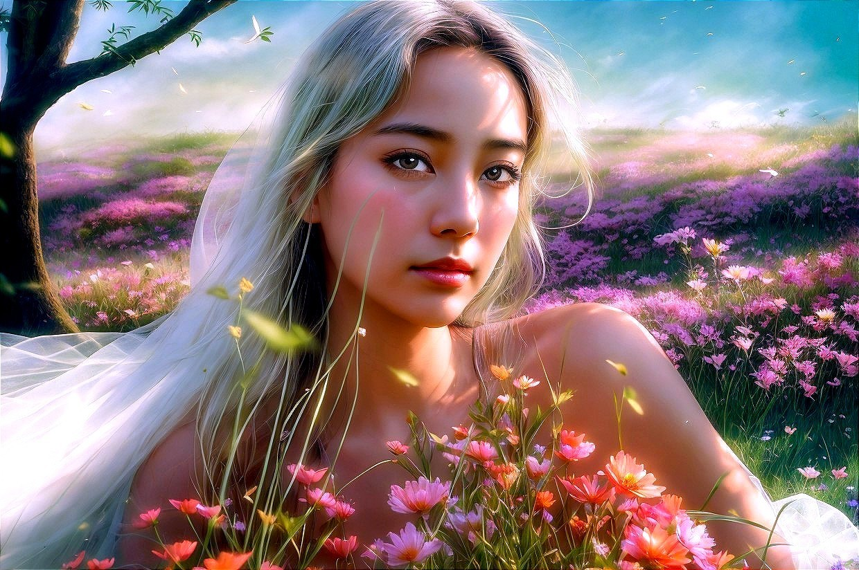 Young woman in a vibrant flower-filled meadow