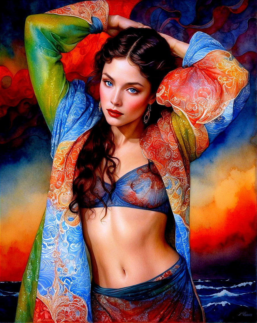 Confident Woman in Colorful Swirling Backdrop