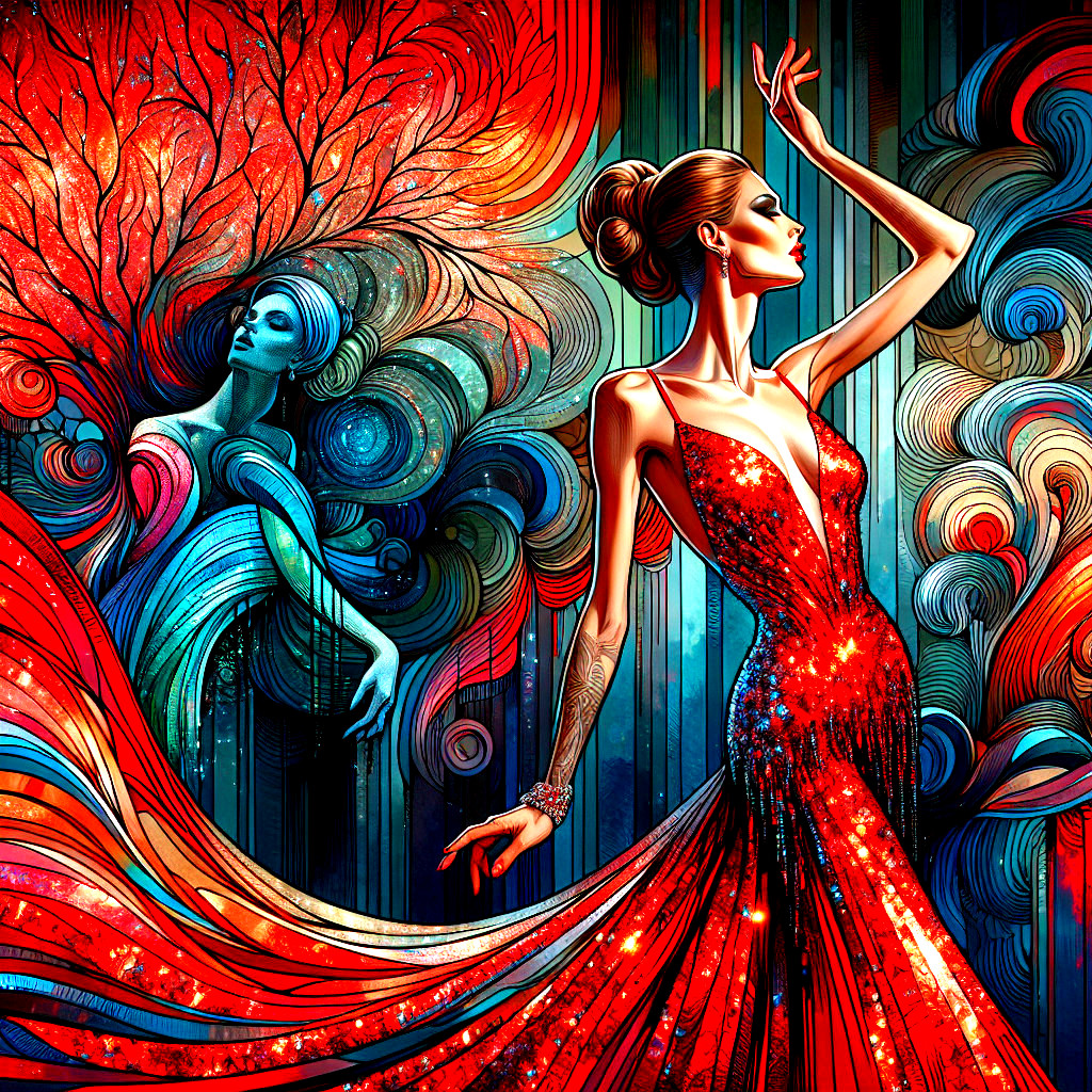 Elegant figure in red gown with vibrant backdrop