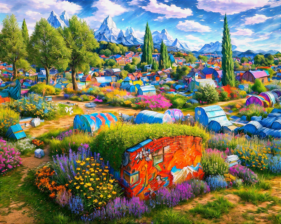 Vibrant Landscape with Cottages and Wildflowers