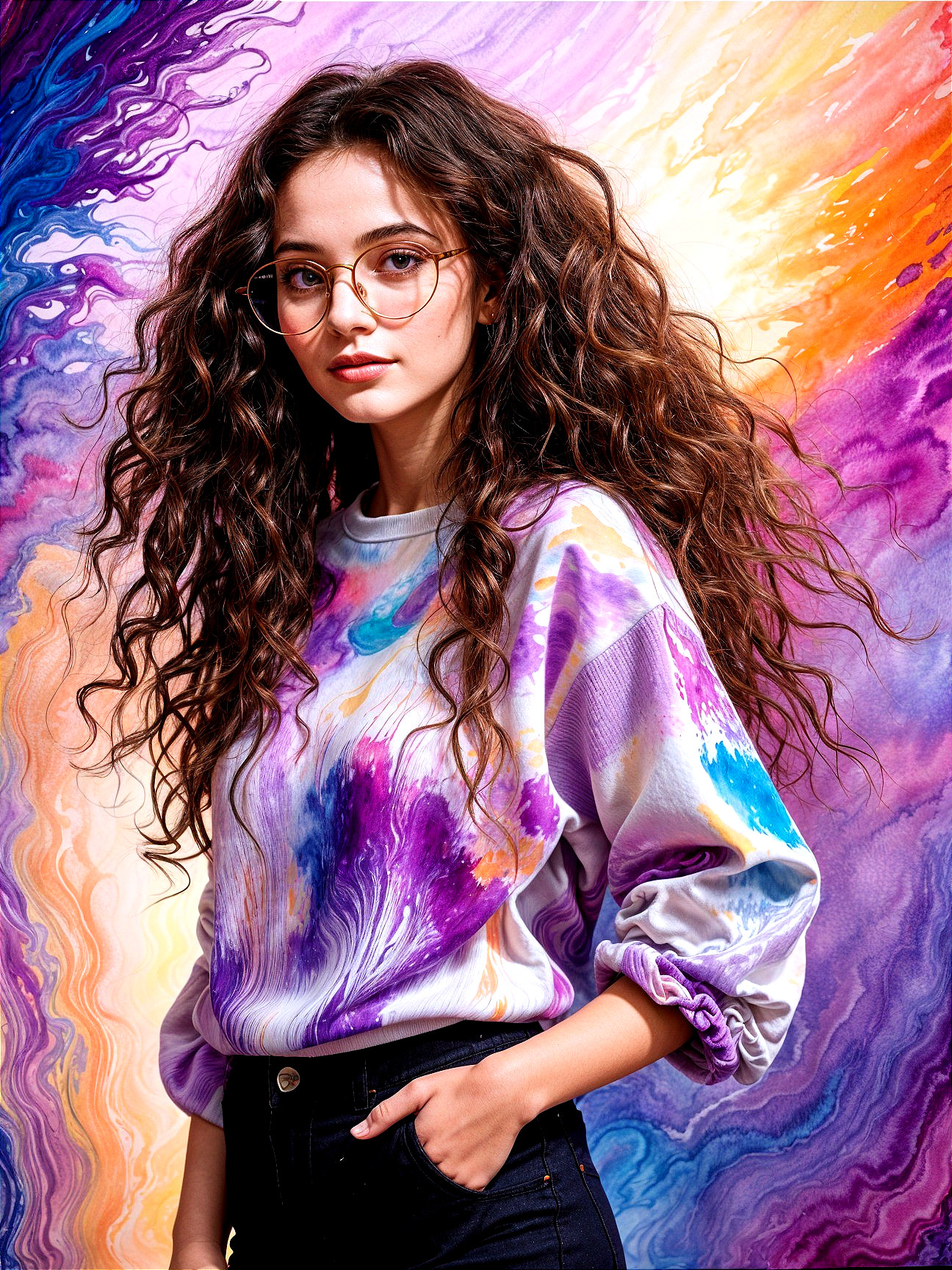 Young Woman with Curly Hair Against Abstract Background