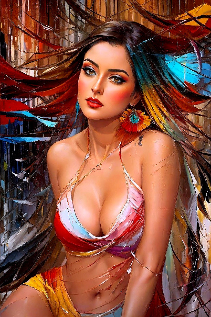 Vibrant Portrait of a Woman with Flowing Hair and Colors