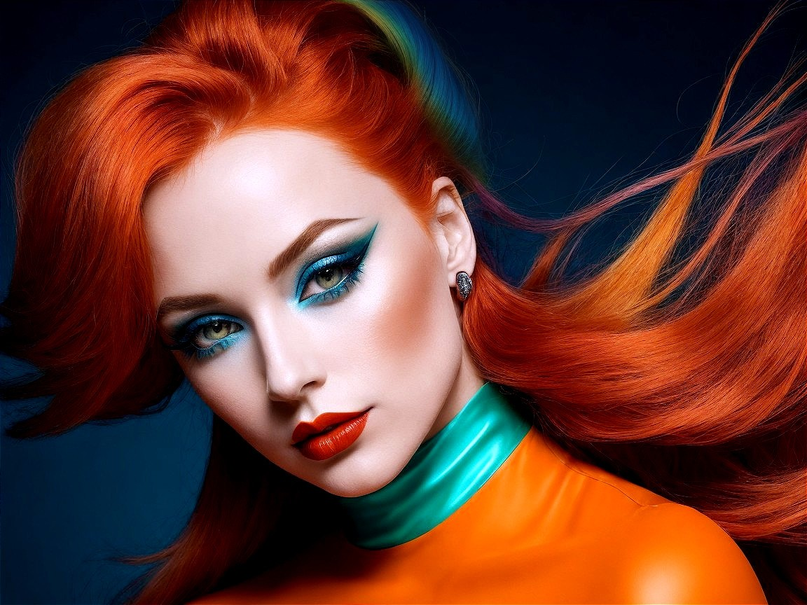 Portrait of a woman with vibrant orange hair and makeup