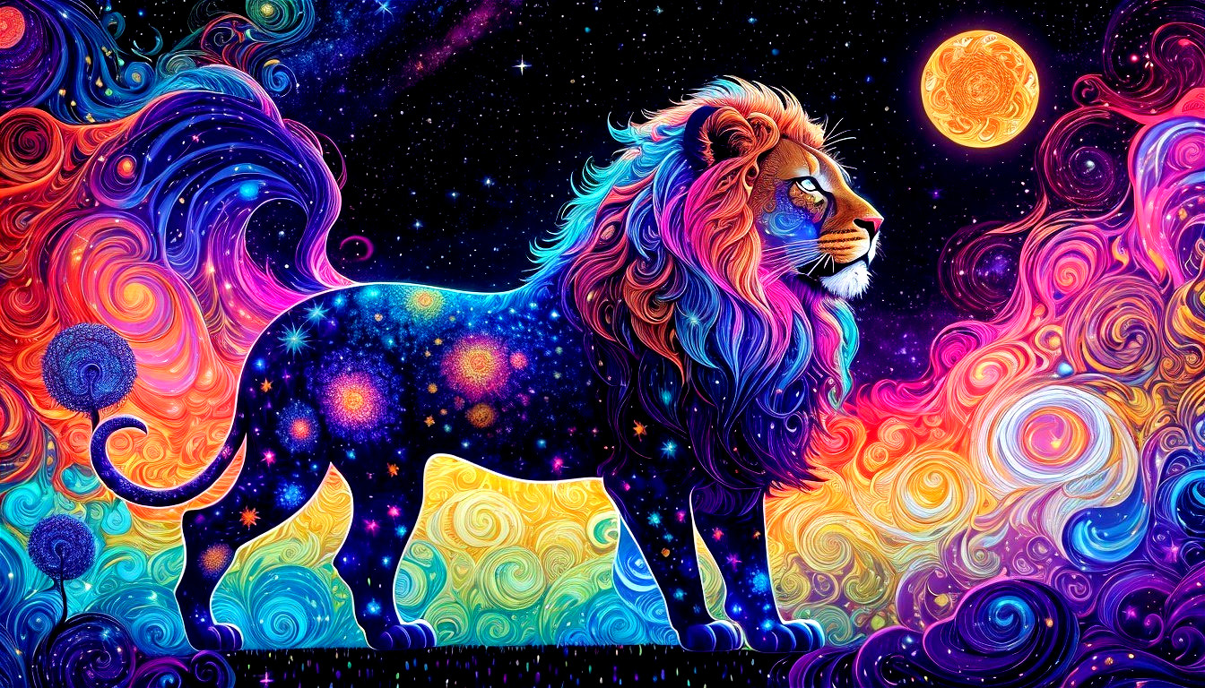 Lion Against Cosmic Background with Colorful Patterns