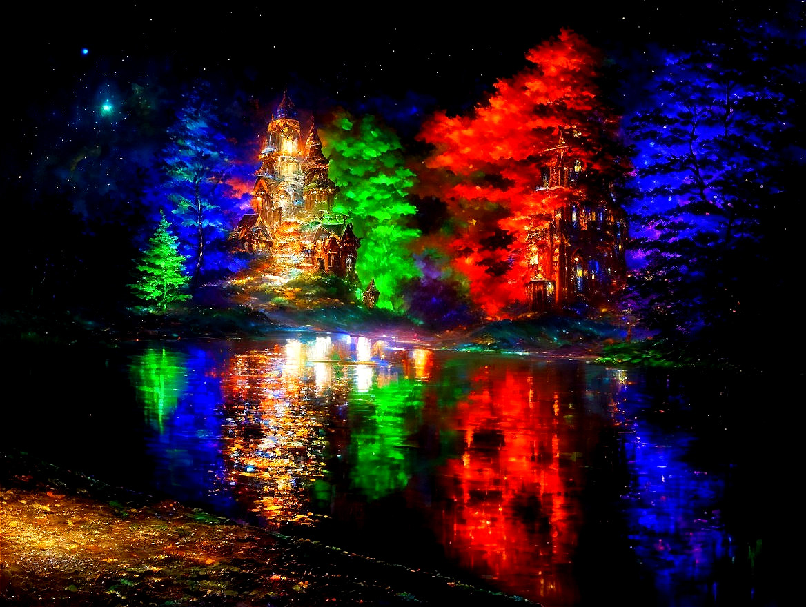 Colorful Scene with Illuminated Trees and Castle Reflections in Water