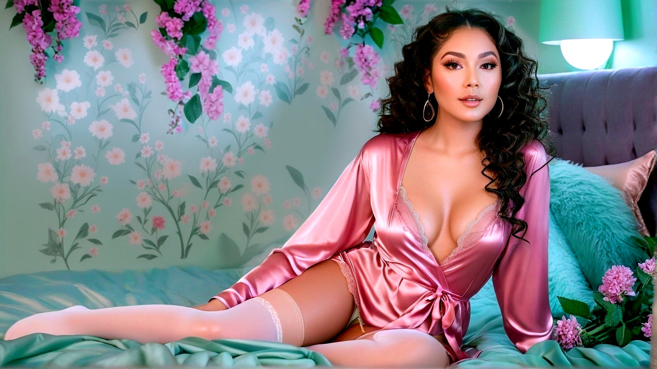 Elegant Woman in Satin Robe on Floral Bed