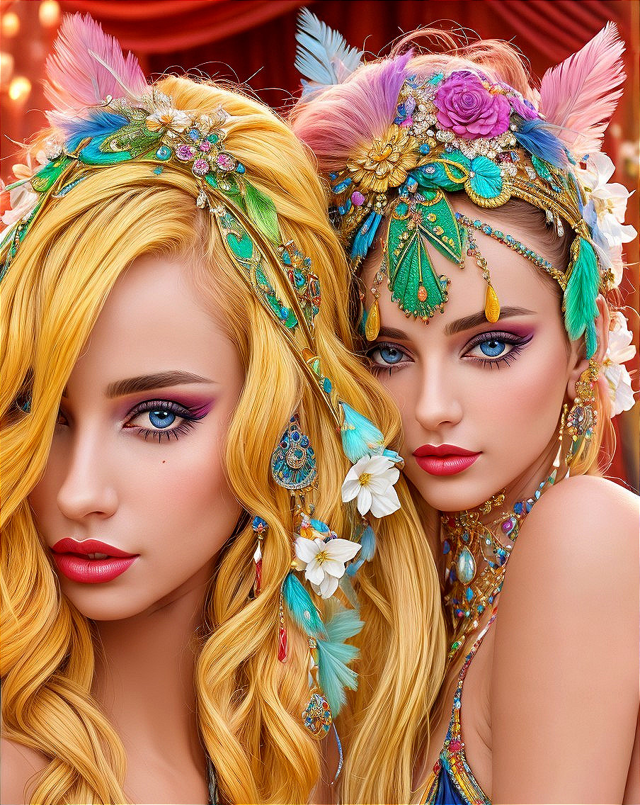 Glamorous Women in Vibrant Makeup and Festive Attire