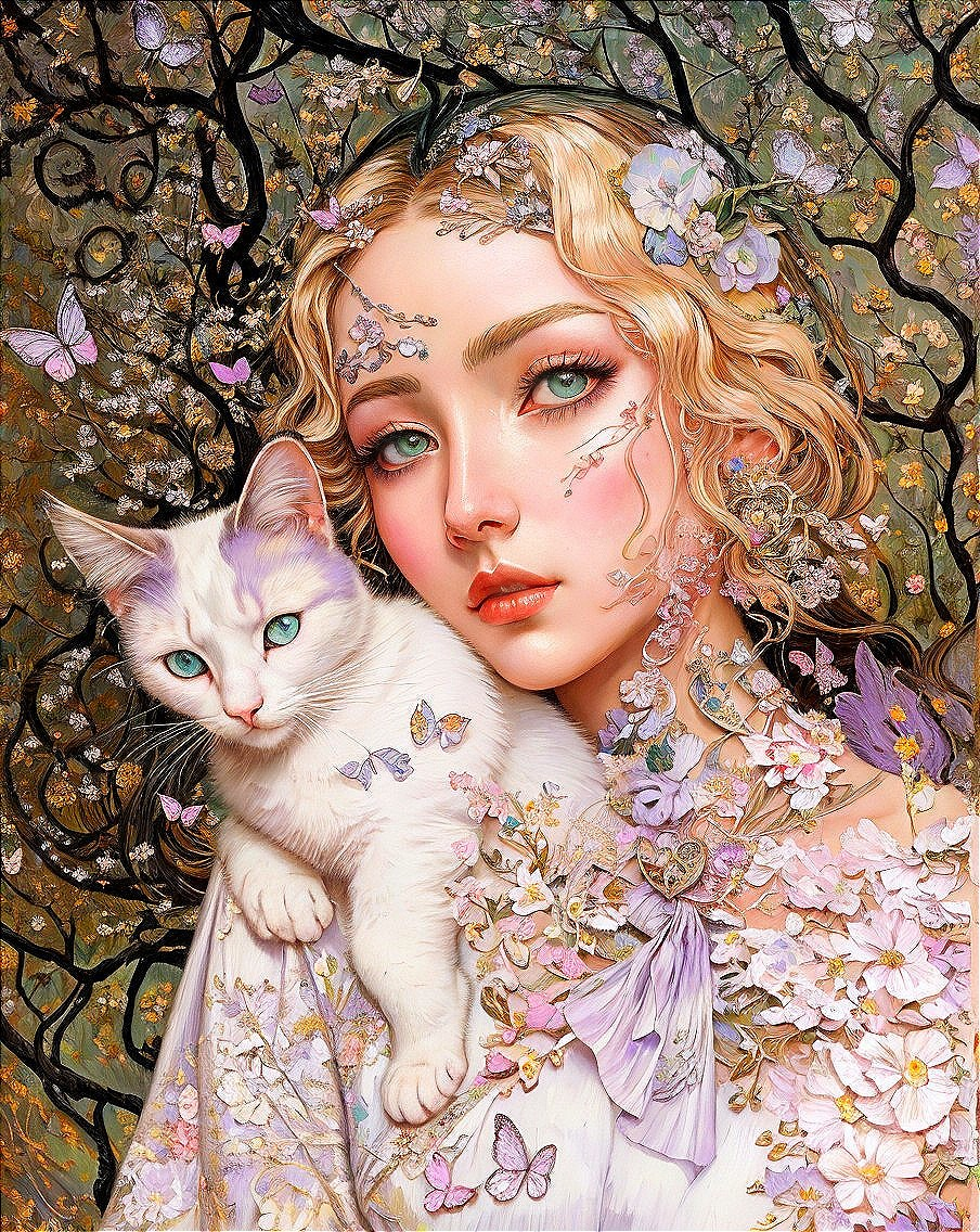 Young Woman with Green Eyes and White Cat in Floral Scene