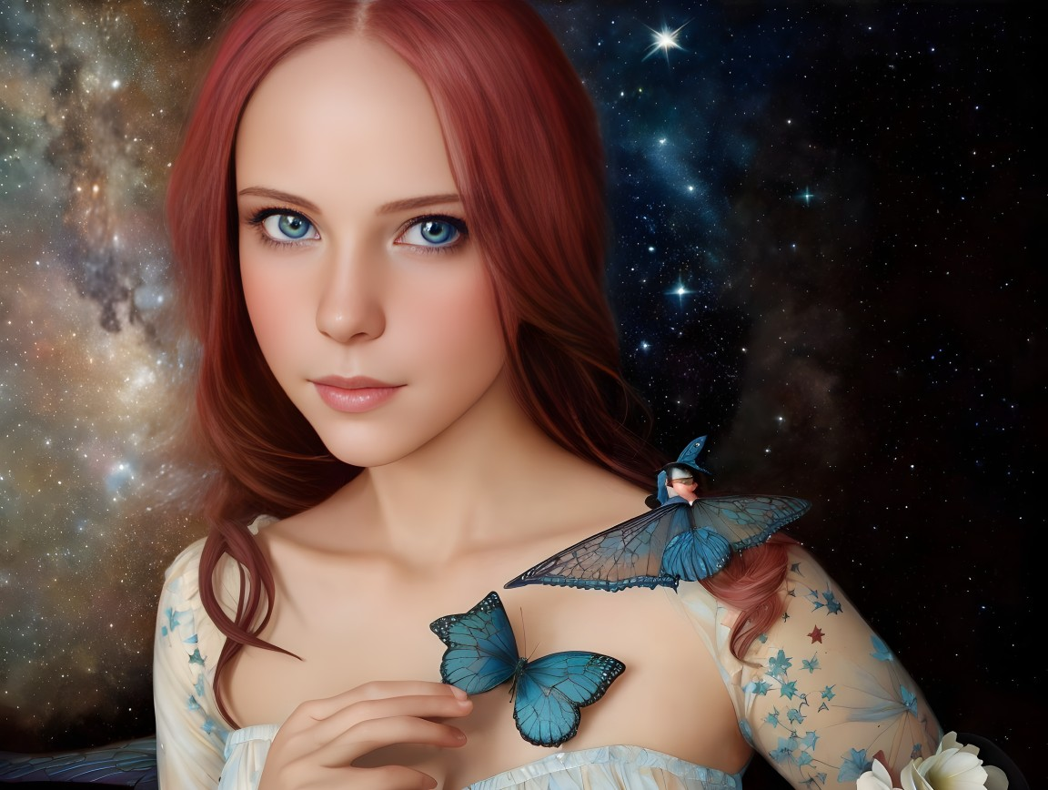 Digital artwork: Woman with red hair and blue eyes, butterflies, starry night sky
