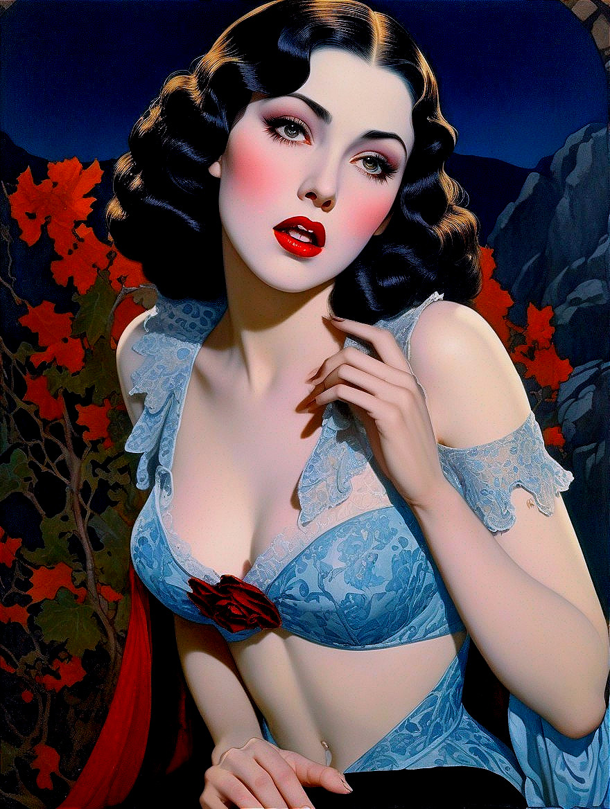 Vintage Portrait of a Woman with Dark Hair and Lace Top