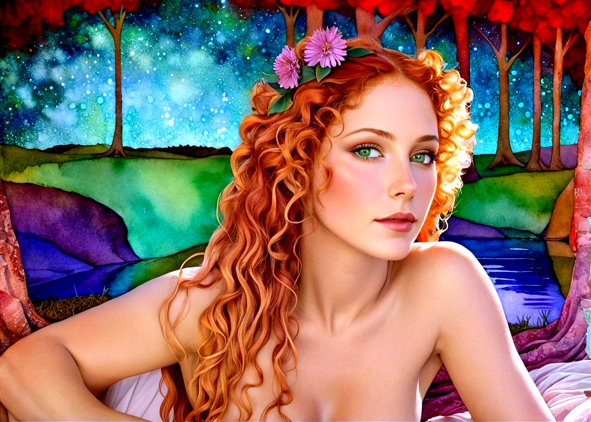 Portrait of a Woman with Red Curls and Serene Setting