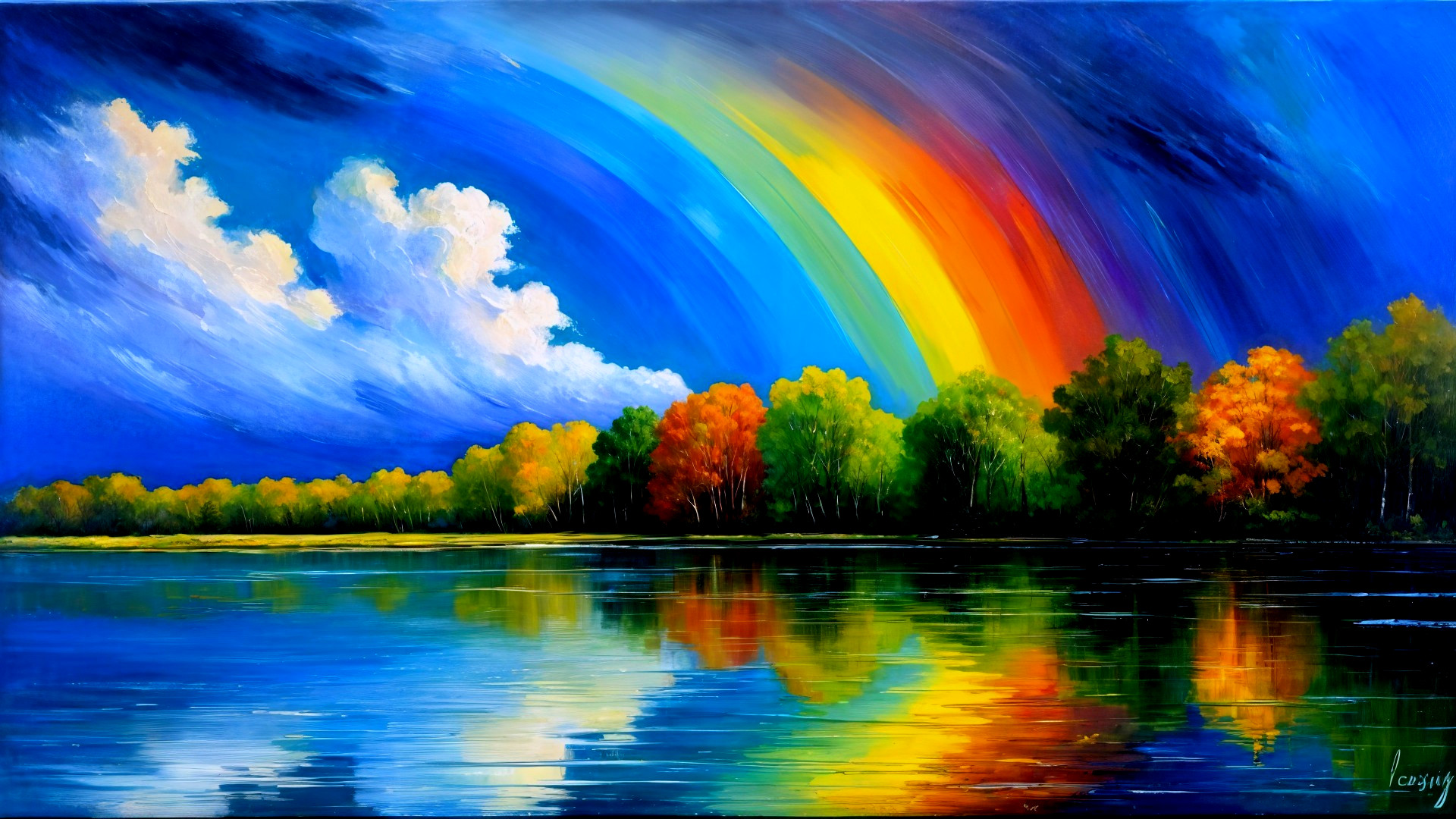 Vibrant Lakeside Landscape with Rainbow and Reflections