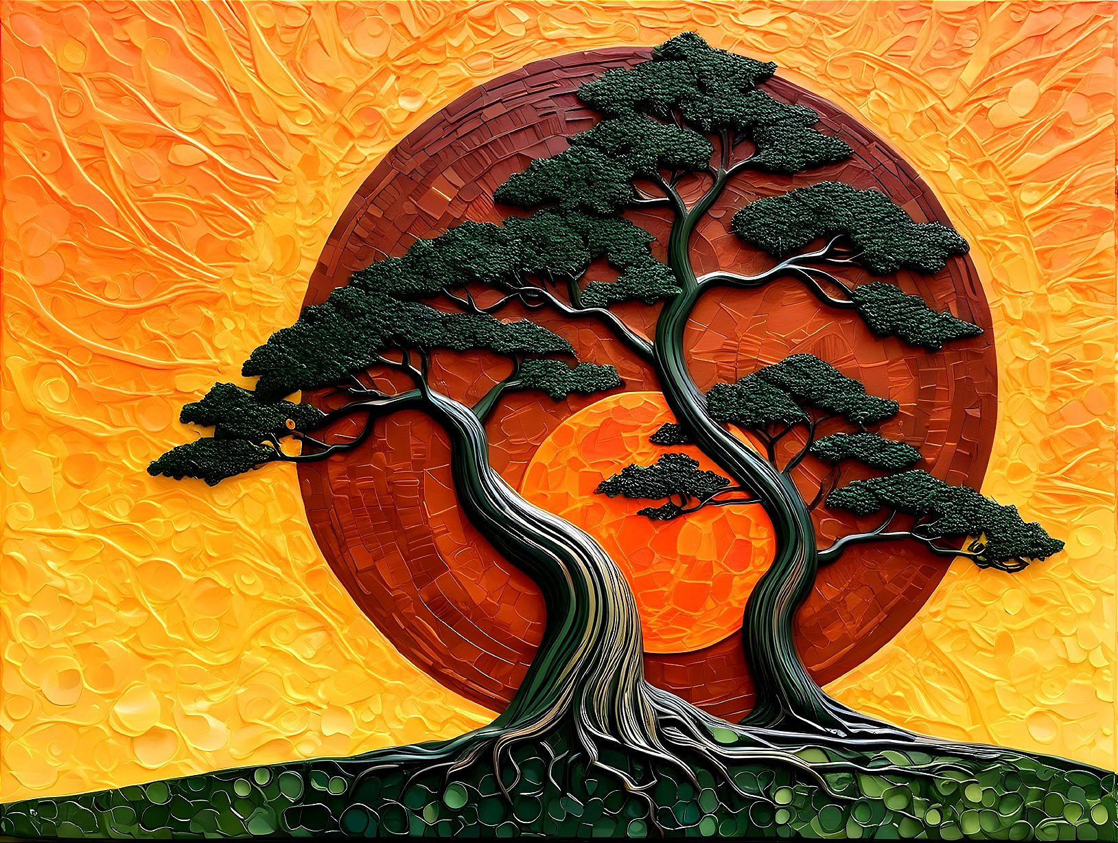 Stylized Trees Against Vibrant Circular Background