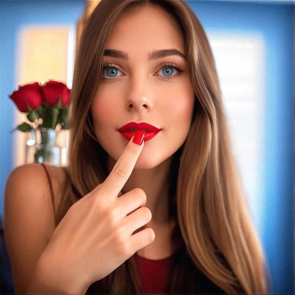 Young Woman with Blue Eyes and Red Lipstick Portrait