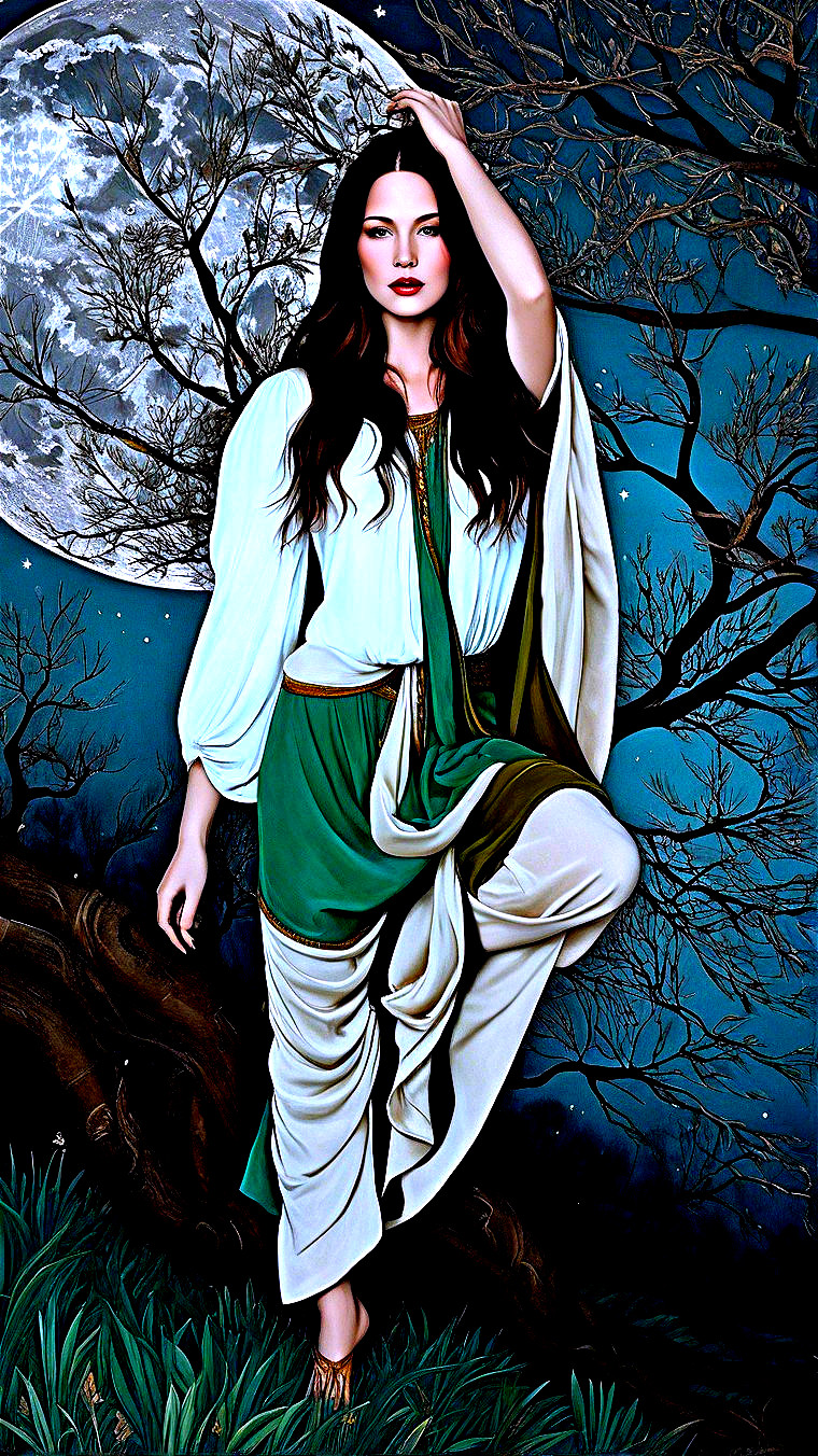 Woman in Green Attire Against Mystical Night Backdrop