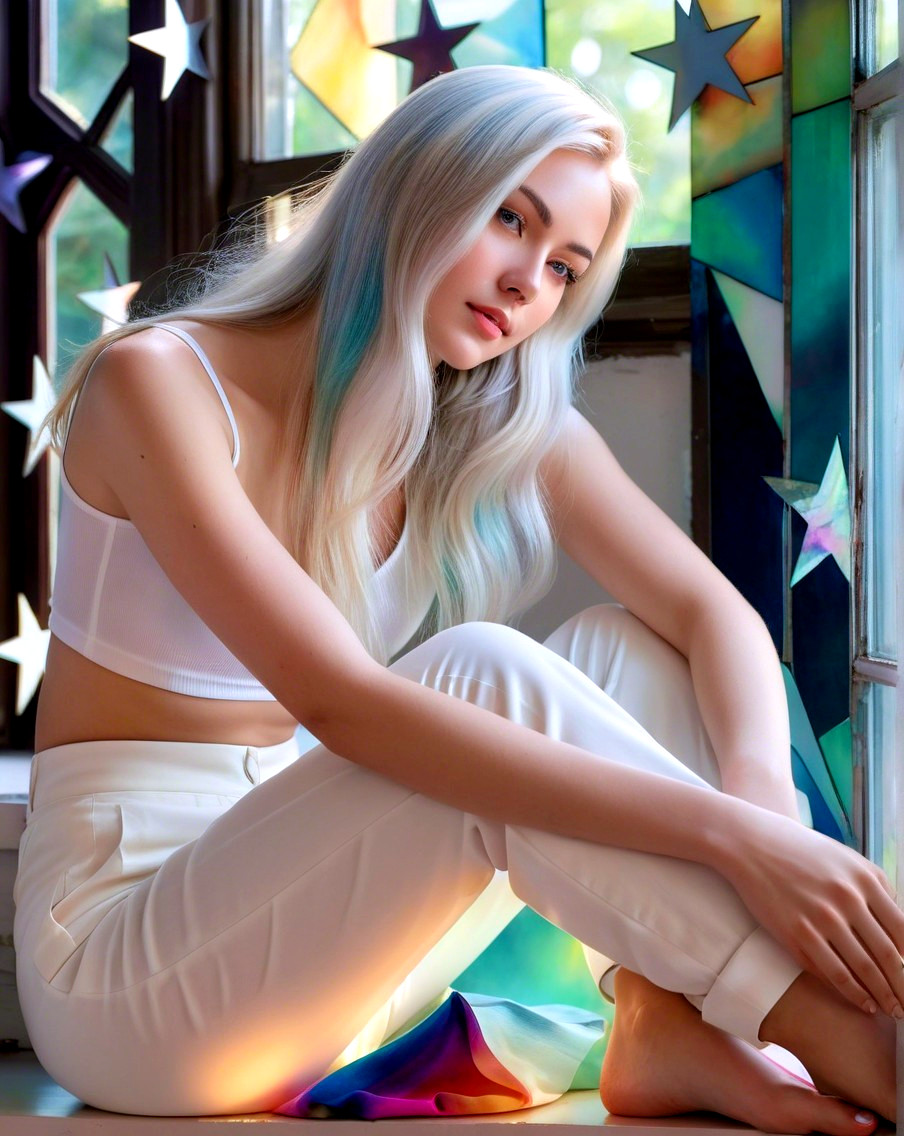 Young Woman by Stained Glass Window in Soft Light