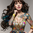 Colorful woman in floral dress against cosmic background